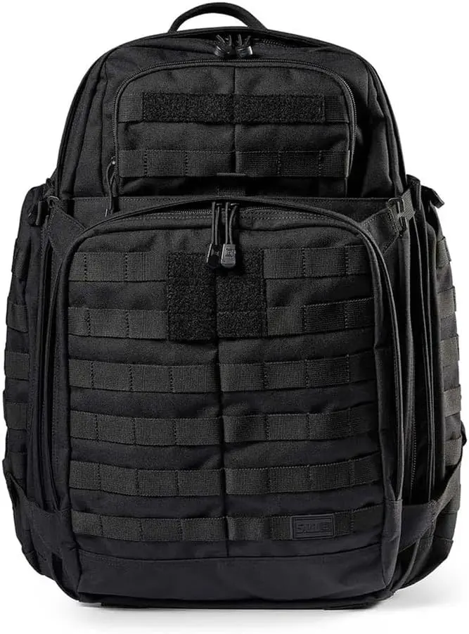 5.11 Tactical Backpack for emergency preparedness, durable military-grade bug out bag with MOLLE webbing and multi-compartment storage for survival gear.
