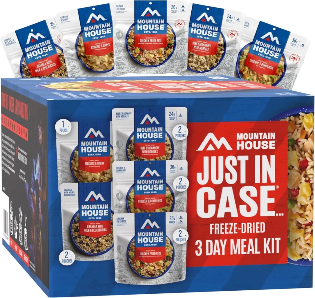Mountain House Emergency Meal Assortment Kit, 28-serving stackable bucket of freeze-dried survival food with 30-year shelf life for earthquake preparedness.