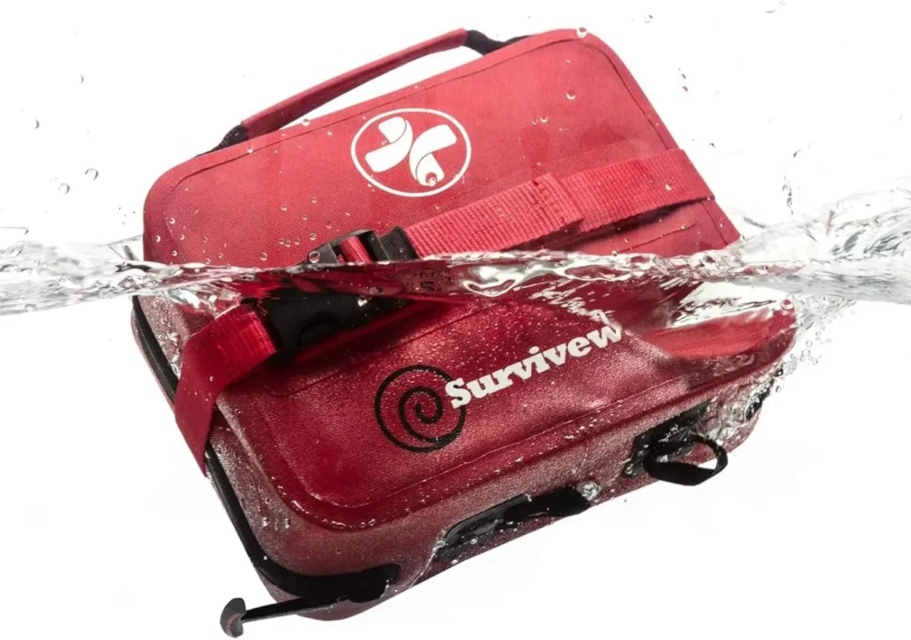 Surviveware Waterproof First Aid Kit with labeled compartments for emergency medical use