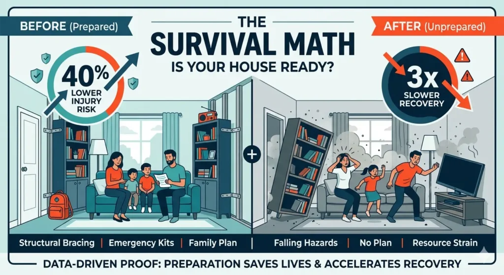 Infographic comparing a prepared vs unprepared US household during an earthquake, showing 40% lower injury risk and 3x faster recovery for prepared homes.